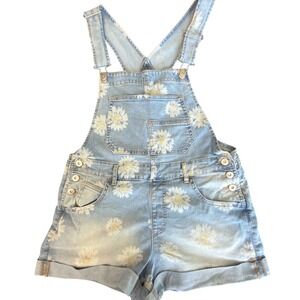 No Boundaries Daisy Floral Denim Shortalls Light Wash Blue Overall Womens Medium